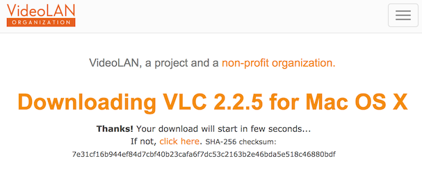 VideoLAN VLC download page with SHA-256 checksum