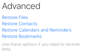 iCloud Settings Advanced: Restore options