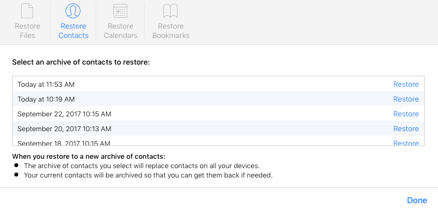 iCloud Settings Advanced: Restore Contacts
