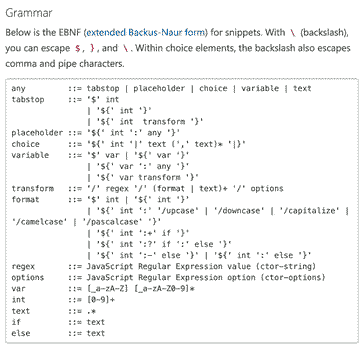 Visual Studio Code Snippet Documentation in Extended Backus-Naur form