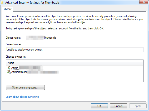 Advanced Security Settings to assign ownership