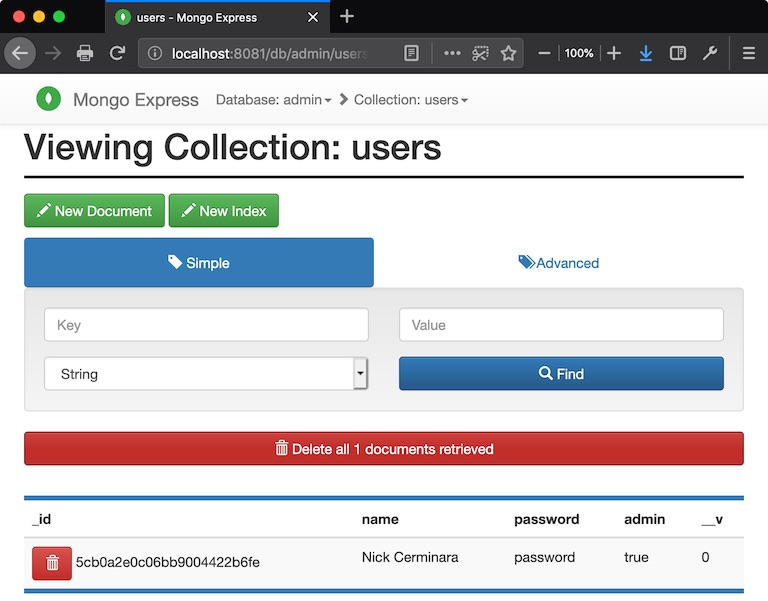 Mongo Express JWT sample code database