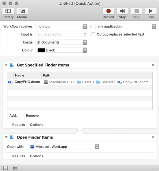 Automator Quick Action to Open a Document with Microsoft Word